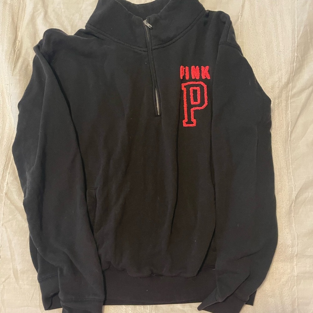 PINK Victoria's Secret Black Zip-Up Sweater with Red Logo